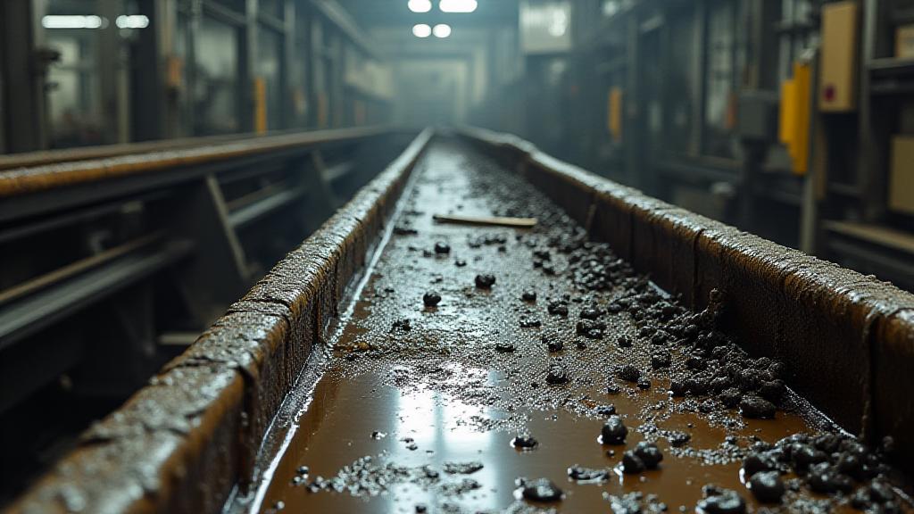 Linea di produzione metalmeccanica prima dello sgrassaggio, con evidenti accumuli di olio.
