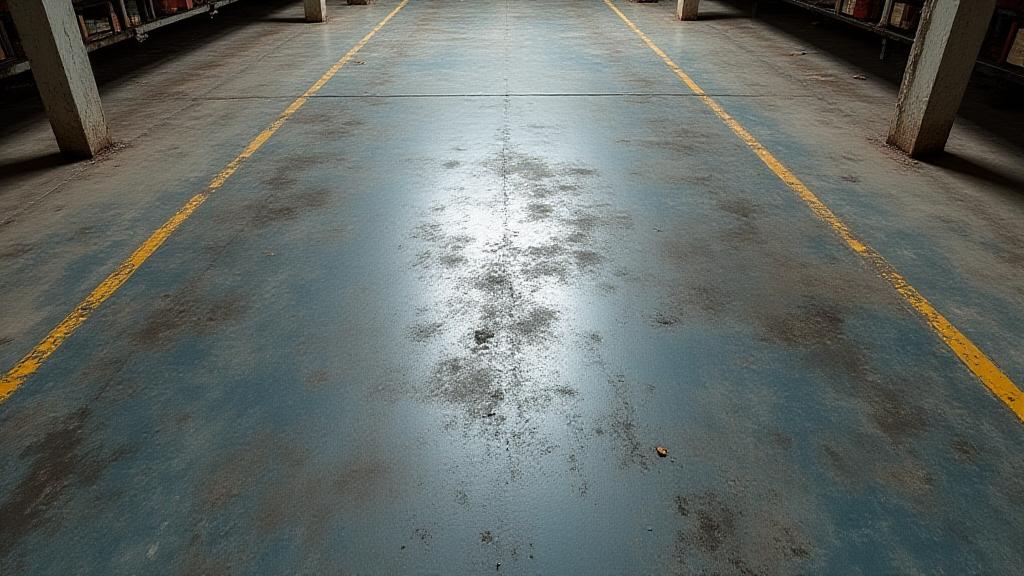 Pavimento di un magazzino logistico prima della bonifica, sporco e macchiato.