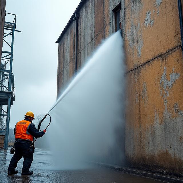 Idropulizia di una facciata industriale.