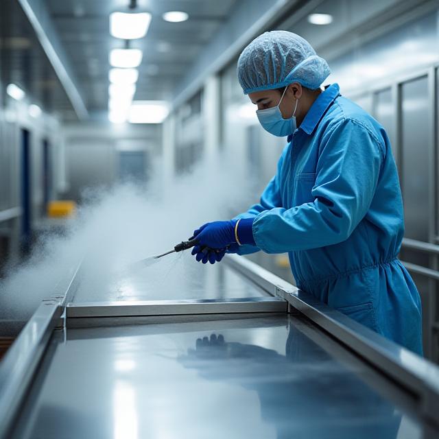 Operatore che sanifica una linea di produzione alimentare.